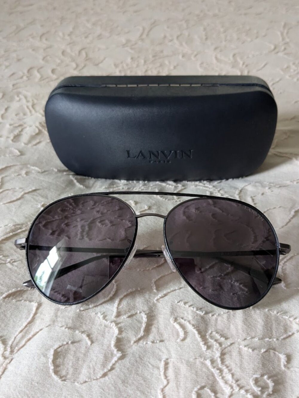 $510 LANVIN 110 Ruthenium Black Leather Titanium Aviator Sunglasses Unisex